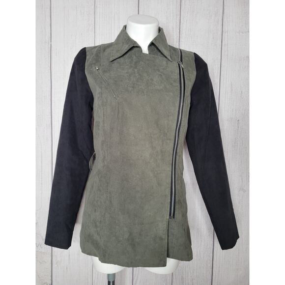 Moon Collection Asymmetrical Zip Faux Suede Green And Black Jacket Size S - Picture 1 of 9